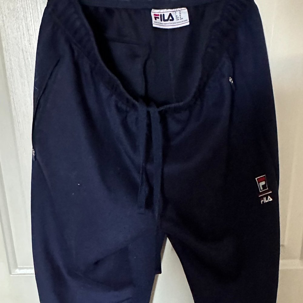 FILA Joggers Elastic Waist w/Ties Pull-On MED Navy Side Zip Pockets Rear Pocket